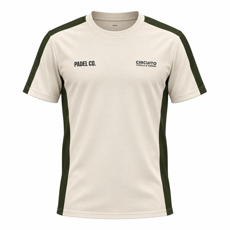 Playera oficial del Circuito Stella Artois 5ta Edición: cuerpo color crema con paneles laterales y de hombro en verde oliva, logo PADEL CO. en el pecho izquierdo y CIRCUITO STELLA ARTOIS en el pecho derecho.